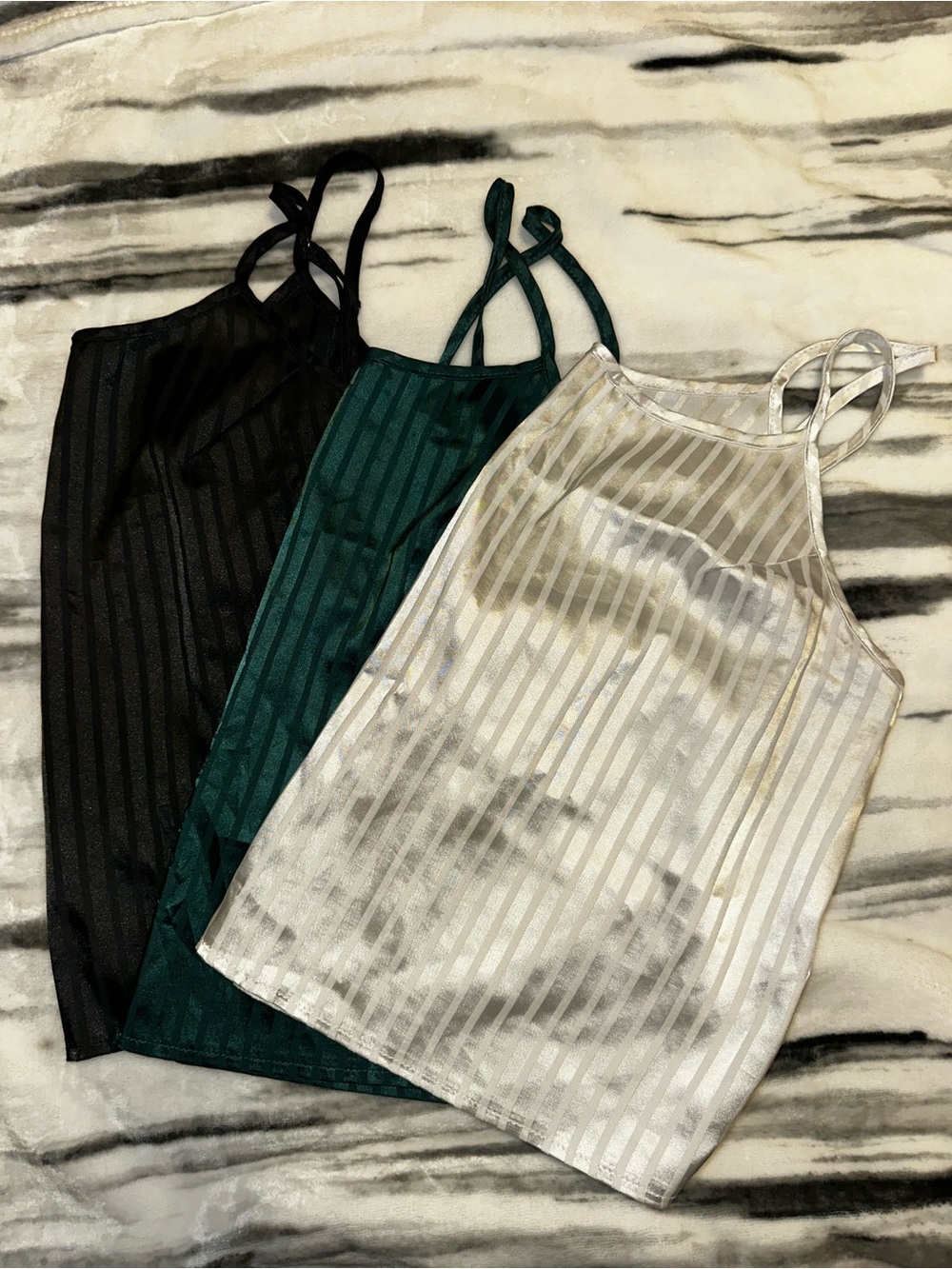 Striped Satin Tank Tops - Black, Green, White